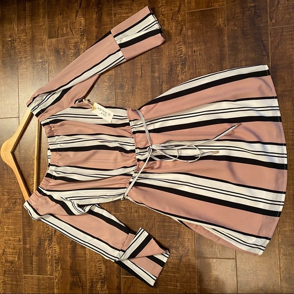 DEX Pink striped dress. Off the shoulder. Elastic waist with accent belt. - Picture 6 of 12